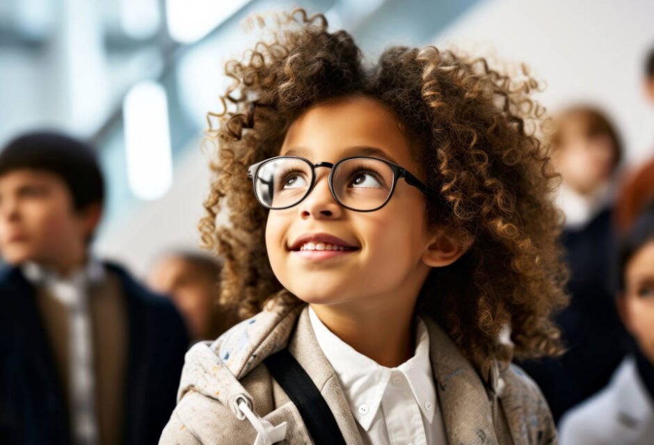 Portrait of a boy african american ethnicity wearing glasses in art gallery. Group of schoolchild on a background. Extracurricular activities to influence students' future career choices in schools