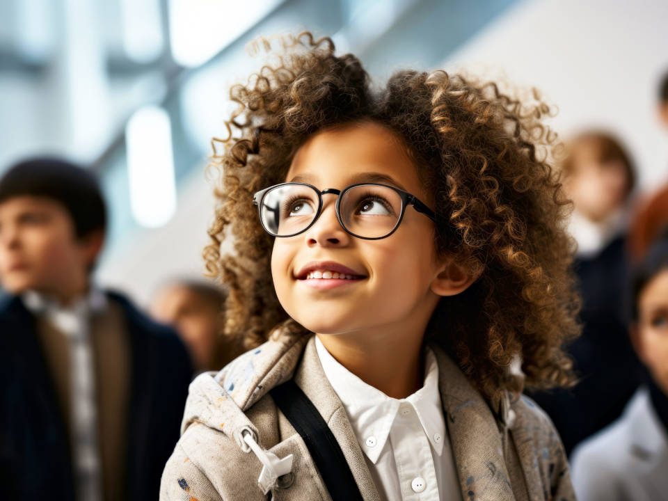 Portrait of a boy african american ethnicity wearing glasses in art gallery. Group of schoolchild on a background. Extracurricular activities to influence students' future career choices in schools